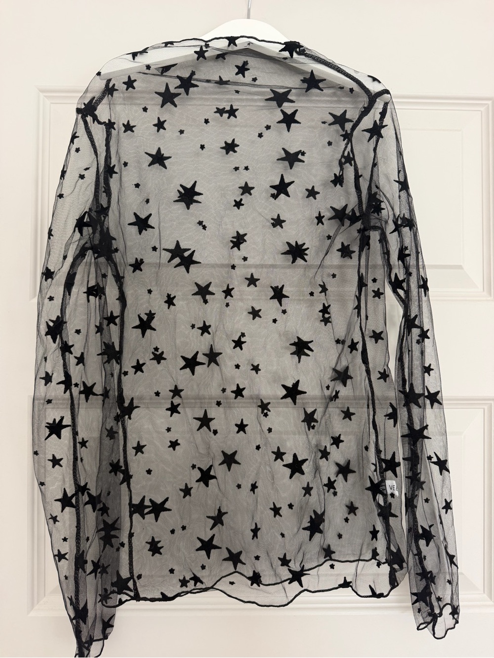Sheer Star-Embroidered Black Mesh Long-Sleeve Top